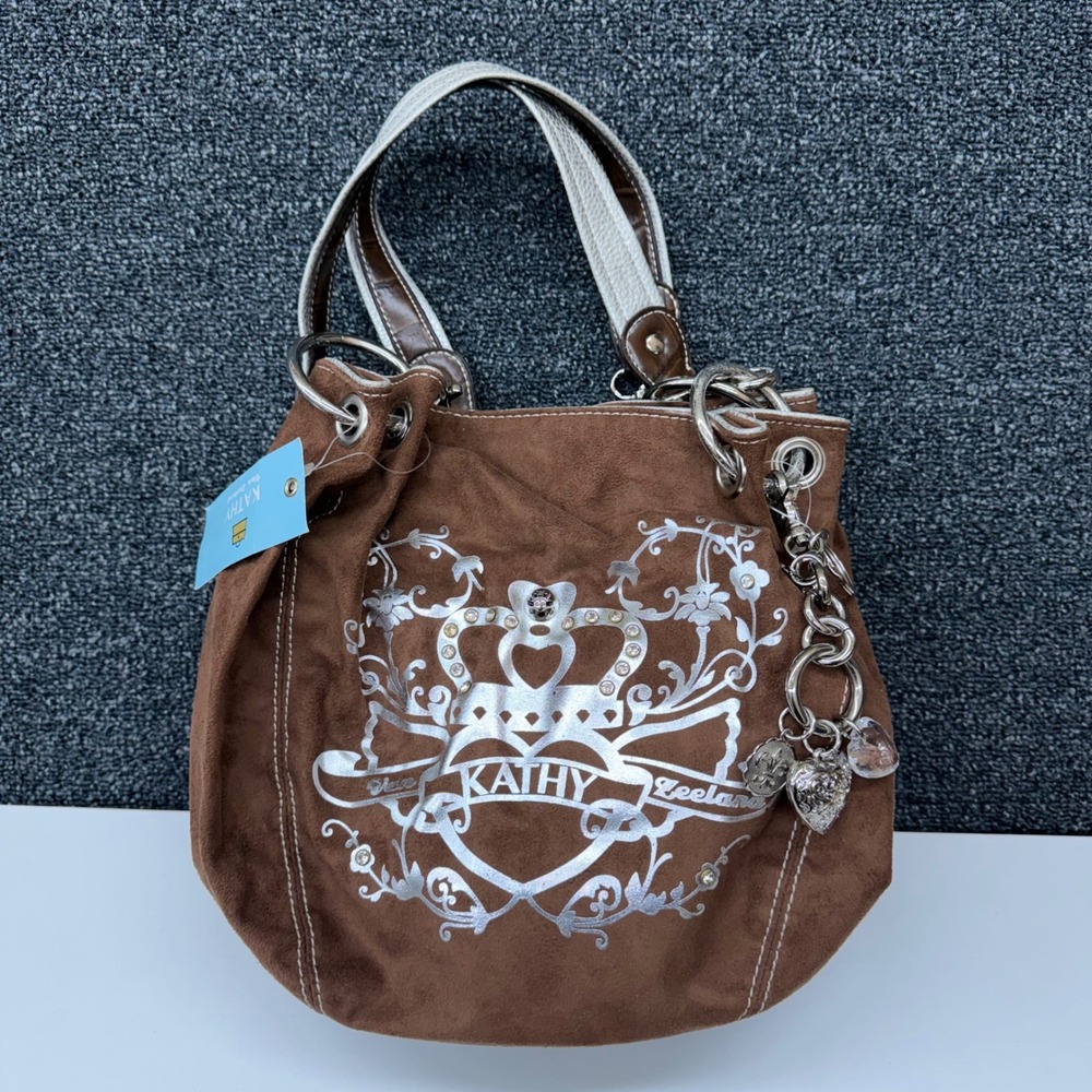 Kathy Van Zeeland Studded Handbag Brown Silver Faux Suede Hobo Charms Y2K NWT